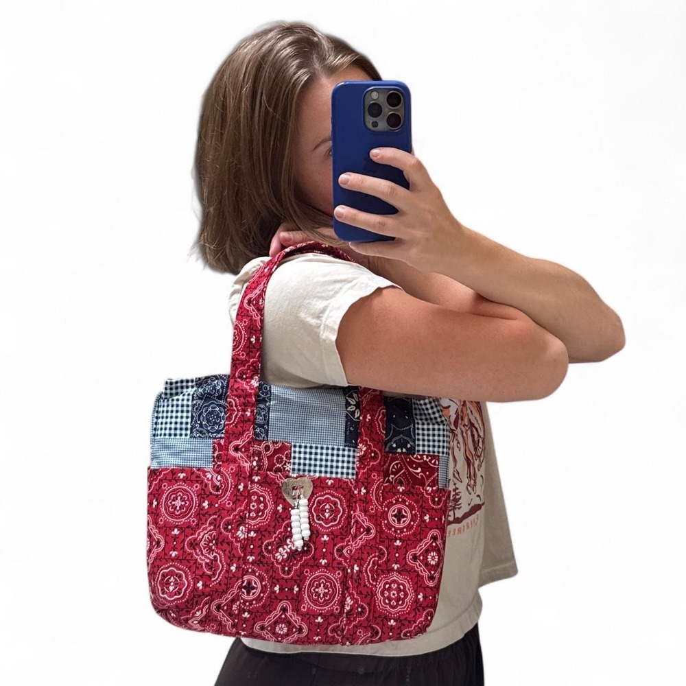 Dr. Kathy's Krafts Handmade Bandana Print Tote Bag Red Paisley Concho Heart